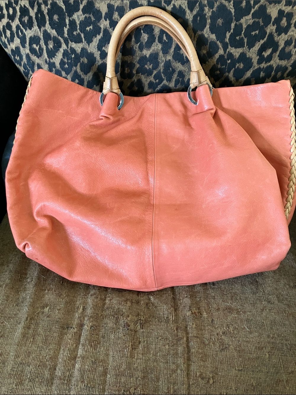 Falorni Italian Leather Tote Handbag in Coral with Tan Handles